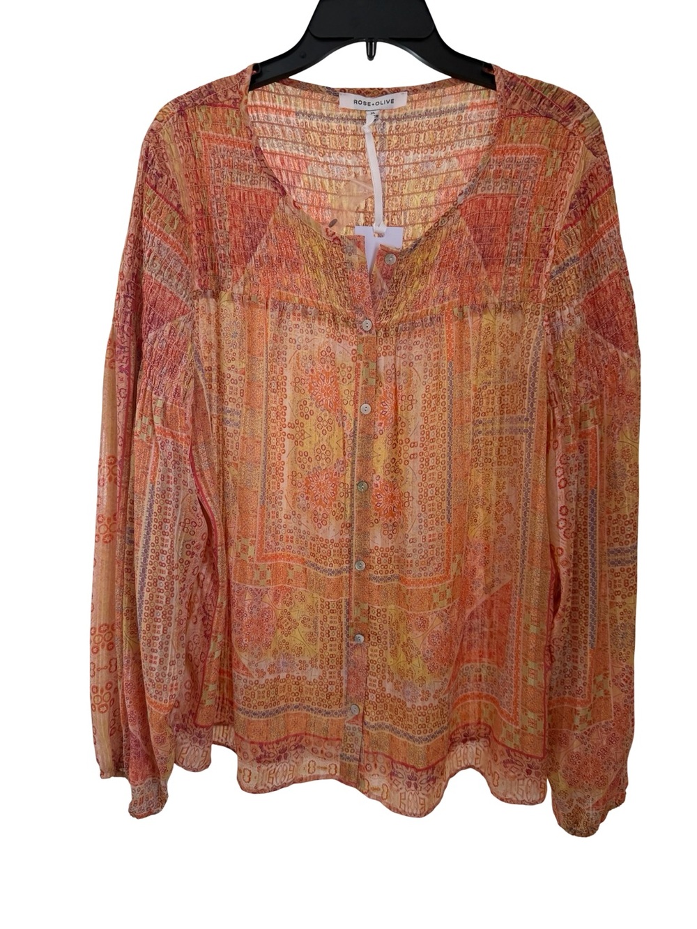 NWT Sheer Rose & Olive Multicolor Orange-Pink Printed Button Front Blouse